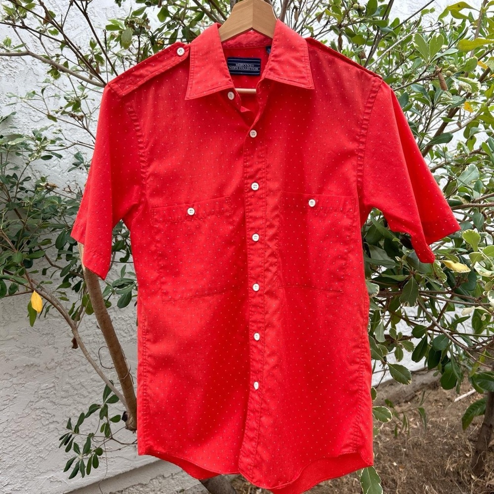 Vintage 90s Mervyn’s Red Dot SS Button Shirt S 18x28 Cotton Poly